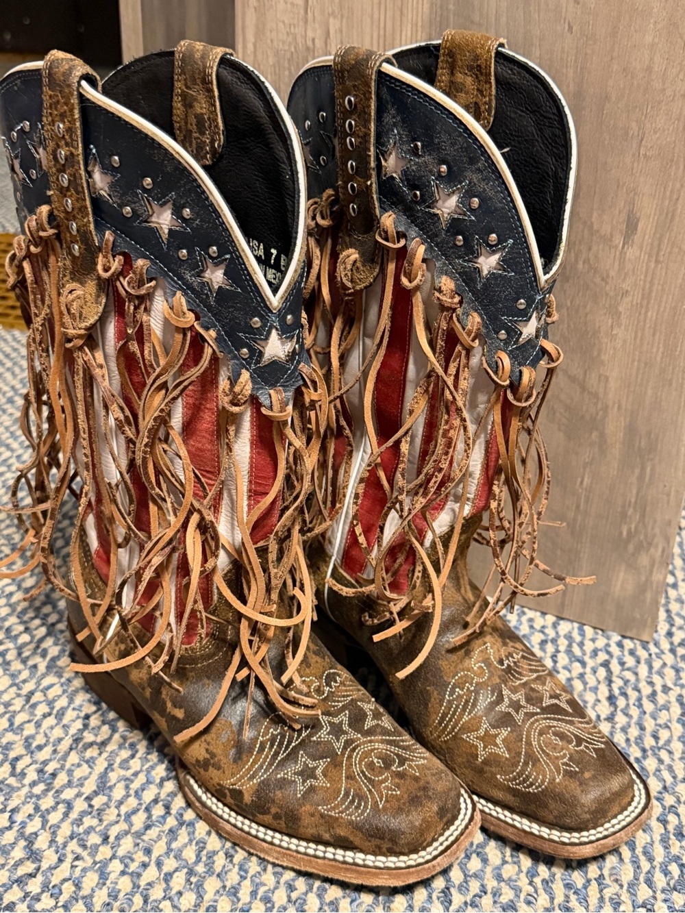 J.B. Dillon Women’s Fringe Western Boots - Brown/Red/White/Blue